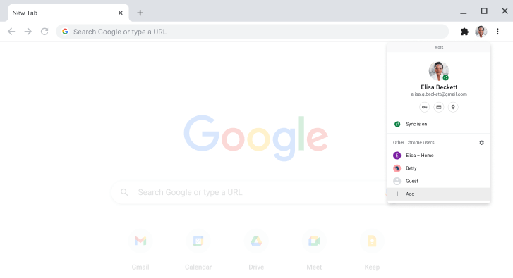 A képen a Chrome böngészőben a profilváltó párbeszédpanel látható.