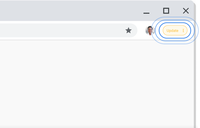 Chrome böngészőablak jobb felső sarka a kiemelt Frissítés elemmel.