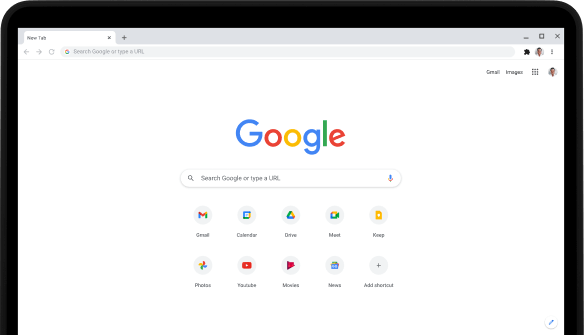 Pixelbook Go laptop bal felső sarka, a képernyőn a google.com keresősávja és a kedvenc alkalmazások láthatók.