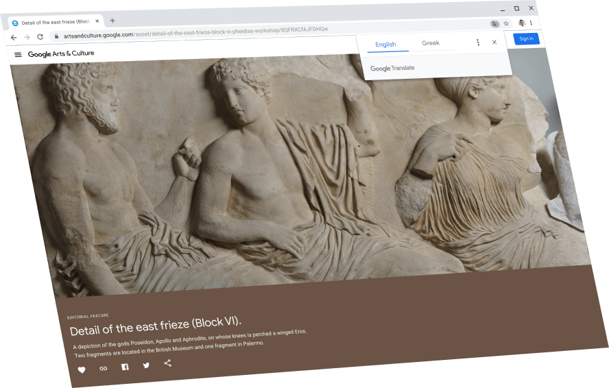 A képen egy Google Arts and Culture-oldal látható, felette a Google Fordító párbeszédpanelje, amely angolra fordít.