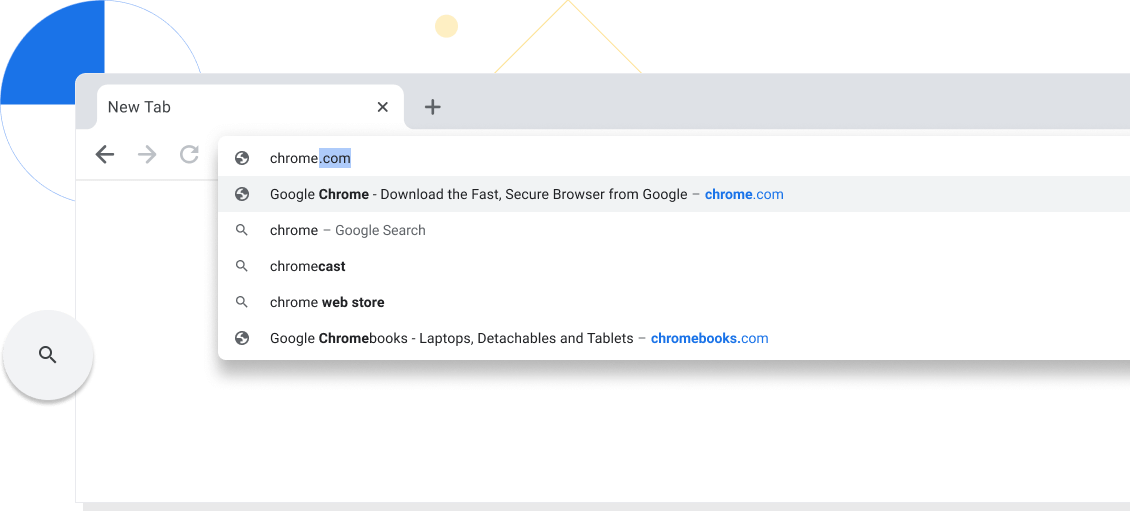 A Chrome-böngészőablak egyik lapjának nagyított nézete, a címsávban a chrome.com címmel.