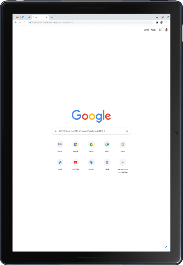 Pixel Slate táblagép portré módban, a Google főoldalával.