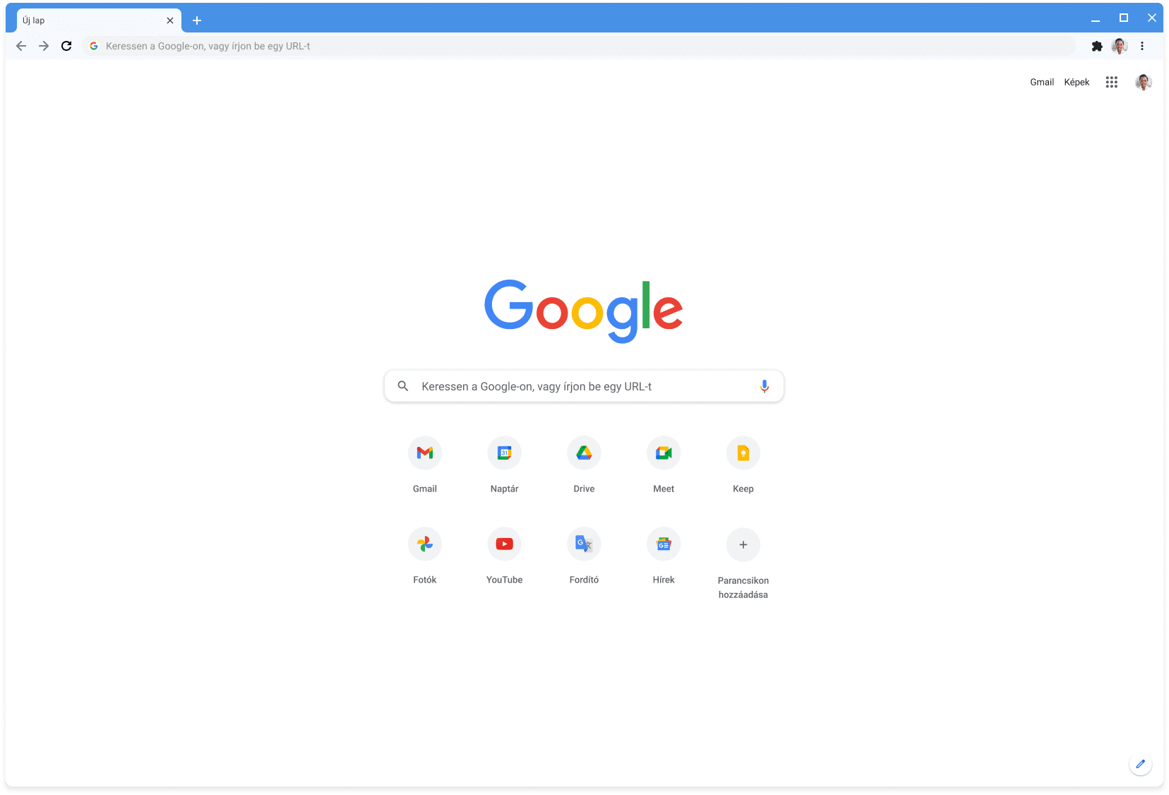 A képen lévő Chrome-böngészőablakban a Google.com webhely látható a Classic témával.