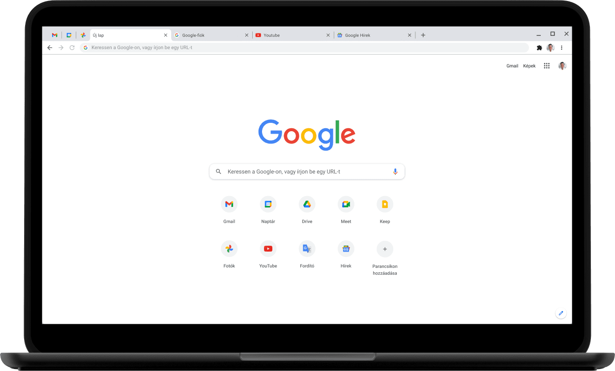Pixelbook Go laptop bal felső sarka, a képernyőn a google.com látható.