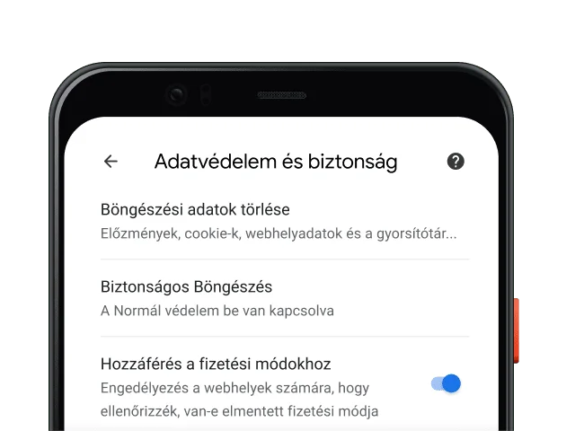 A Chrome böngésző Adatvédelem és biztonság oldala egy mobileszközön.