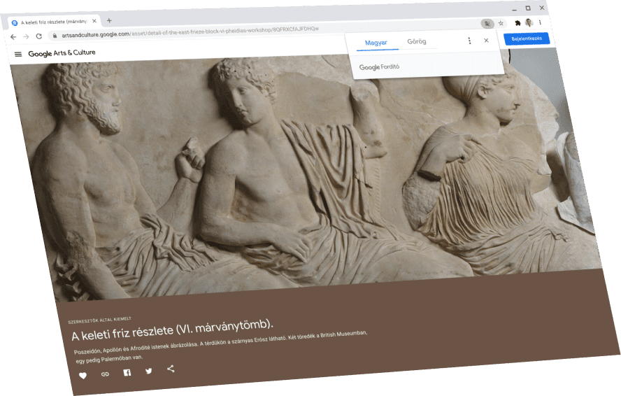 A képen egy Google Arts and Culture-oldal látható, felette a Google Fordító párbeszédpanelje, amely angolra fordít.