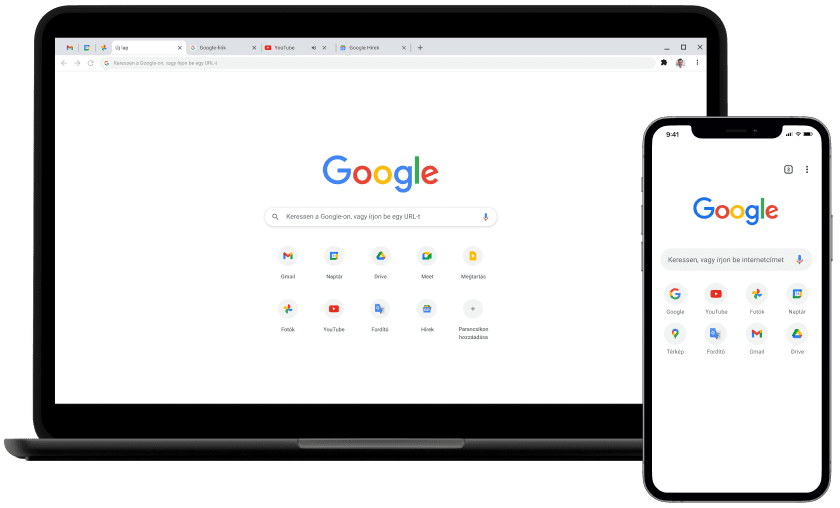A képen lévő laptopon és mobileszközön a google.com főoldala látható.