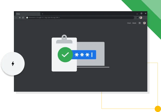 A képen a sötét módban lévő Chrome-böngészőablakban a Google hatékonyságot jelző ikonja látható.