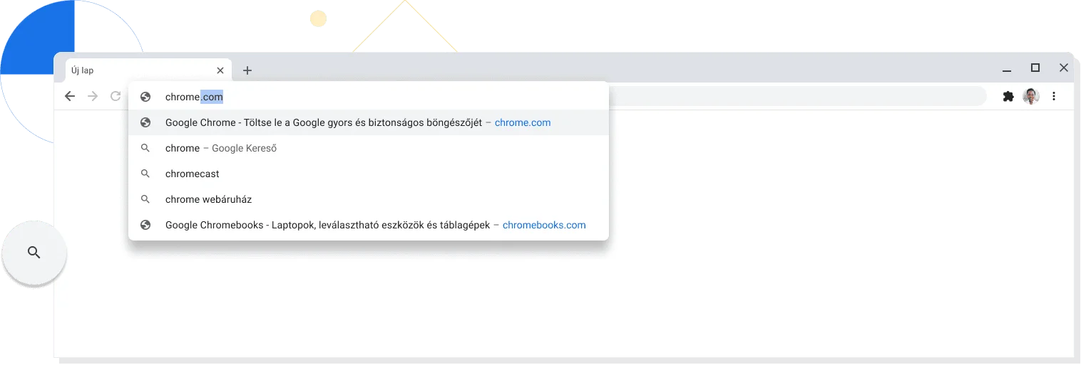 A Chrome-böngészőablak egyik lapjának nagyított nézete, a címsávban a chrome.com címmel.