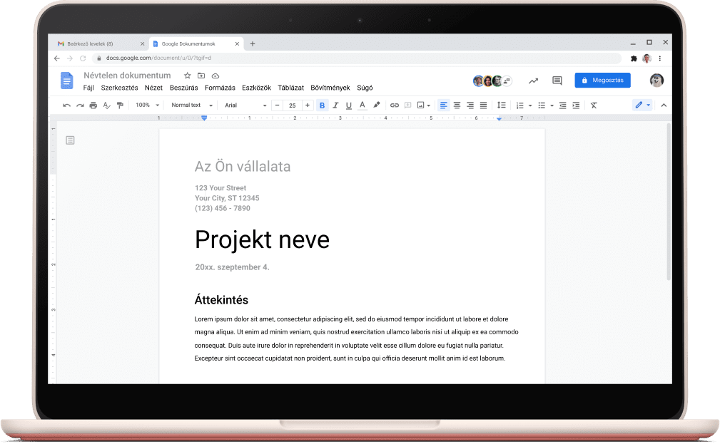 A képen a Google Dokumentumok képernyőjén egy megnyitott projektsablon látható.