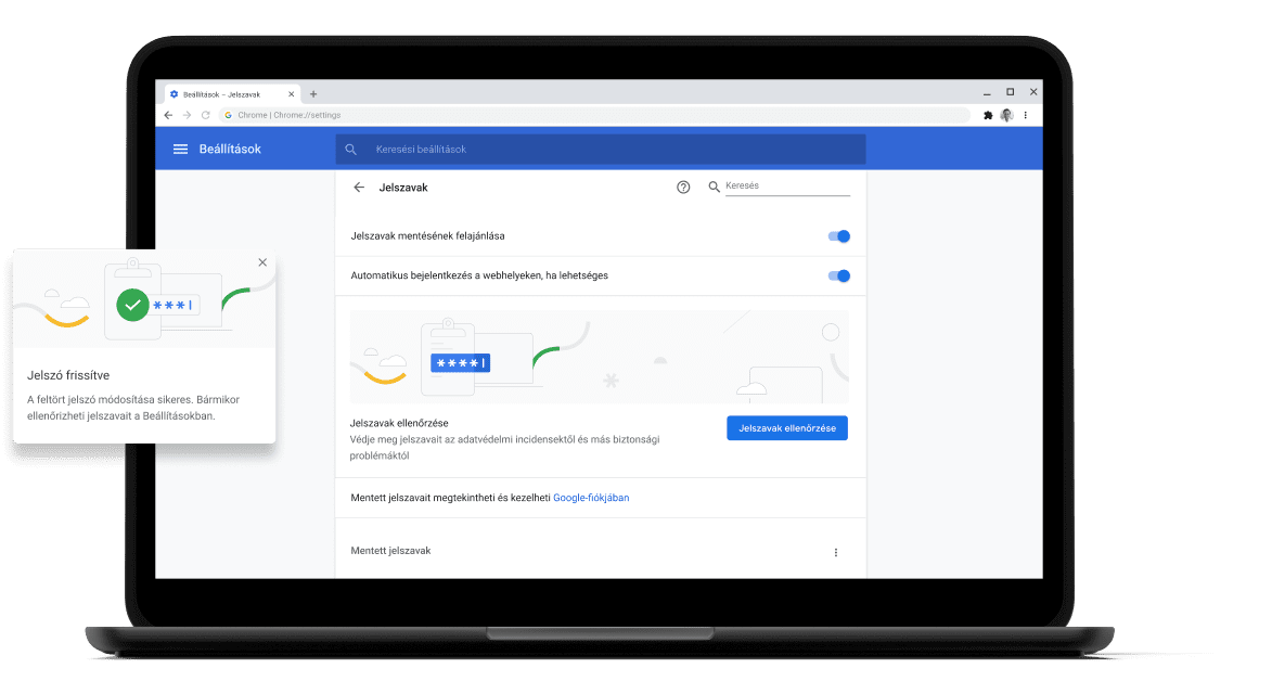 Jelszóvizsgálat Pixelbook Go laptop with screen displaying Chrome password check with a passsword update dialog box.