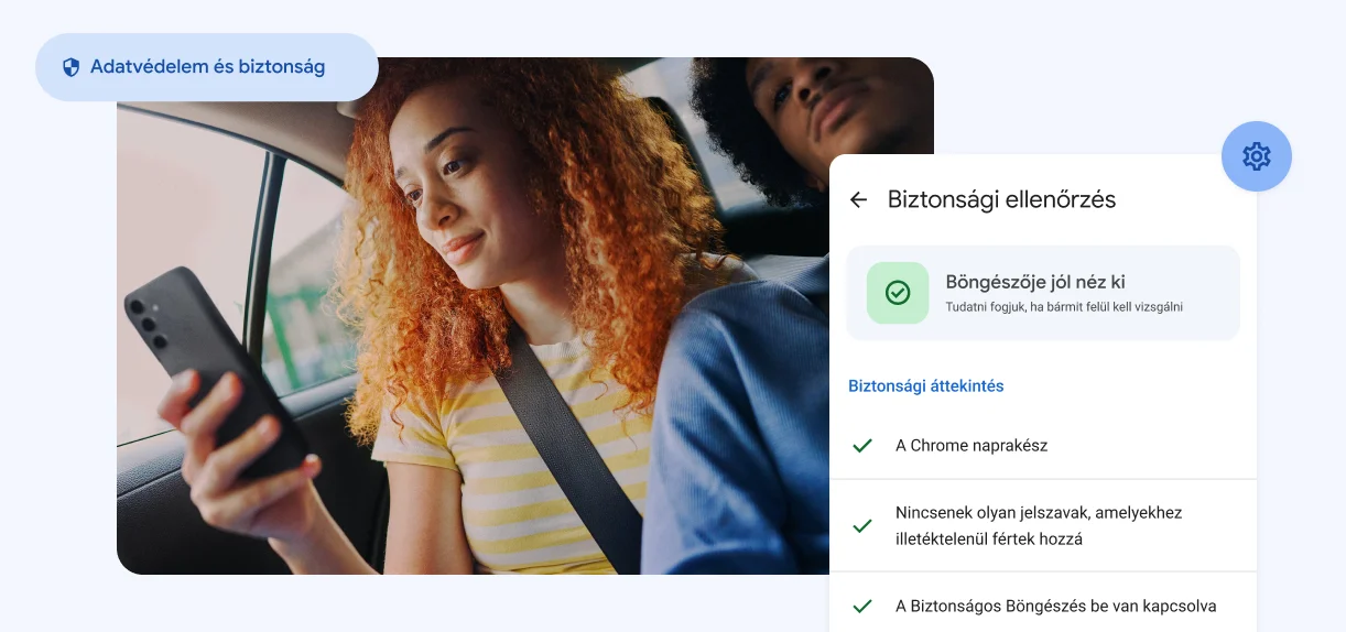 Egy nő nézi a telefonját. Az „Adatvédelem és biztonság” szöveg és egy feltört jelszavakra vonatkozó figyelmeztetés látható.