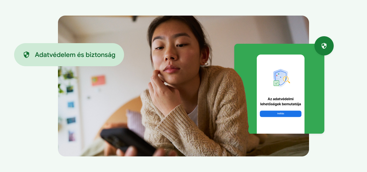 Egy nő megérinti az arcát, miközben a telefonját nézi.