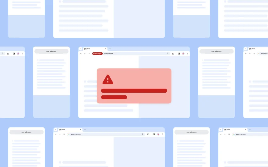 Általános weboldalak lebegnek világoskék háttér előtt. Elöl egy vörös figyelmeztetés ikont tartalmazó piros előugró ablak látható.