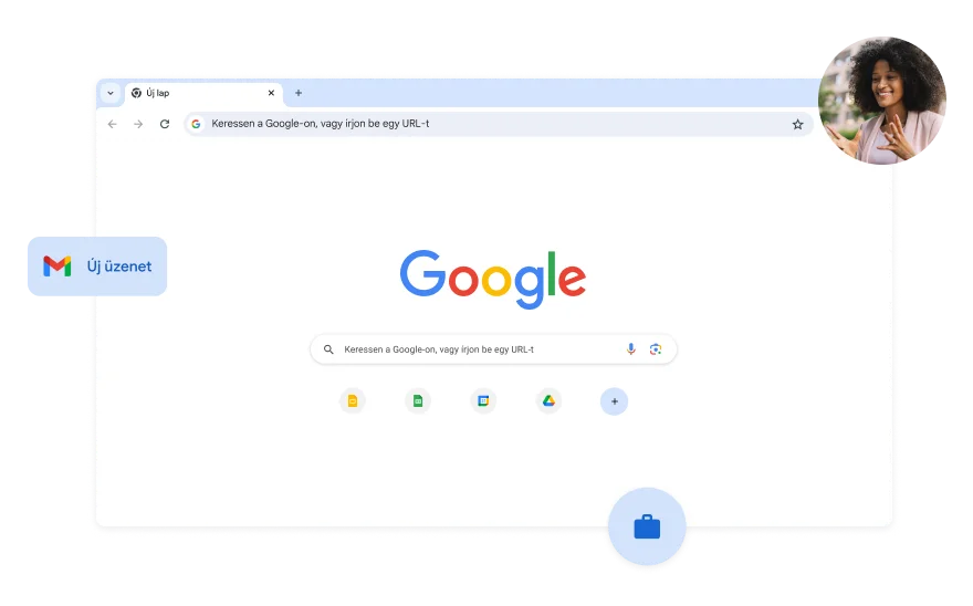 A Google keresési oldalának háttere fehér. Az egyik sarokban egy nő fotója van.