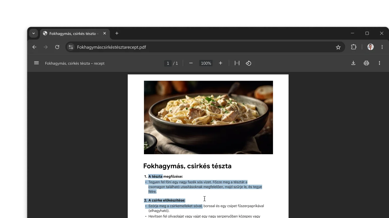 Egy receptet tartalmazó PDF van megnyitva egy Chrome böngészőablakban. A felhasználó szöveget jelölt ki a PDF-fájlban.