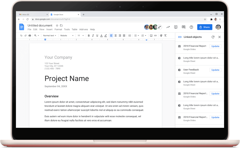 A képen a Google Dokumentumok képernyőjén egy megnyitott projektsablon látható.