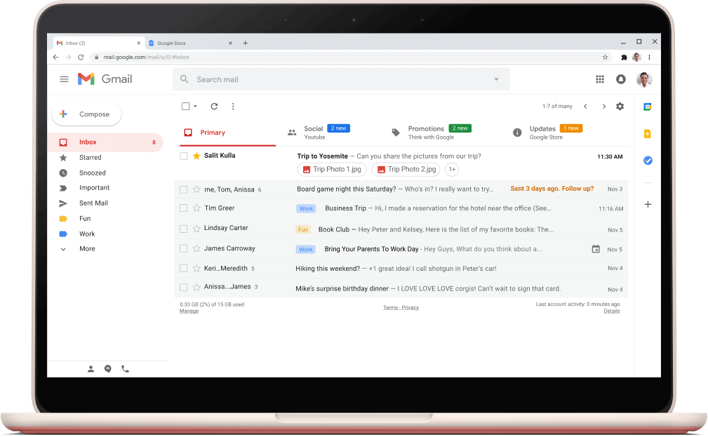 A Gmail kezelőfelülete e-mailekkel.