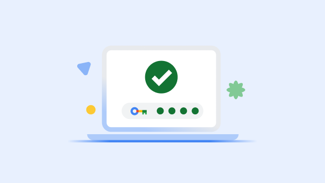 Laptop képernyőjén egy nagy zöld pipa és egy biztonsági kulcs befejezett folyamatjelző sávja látható.