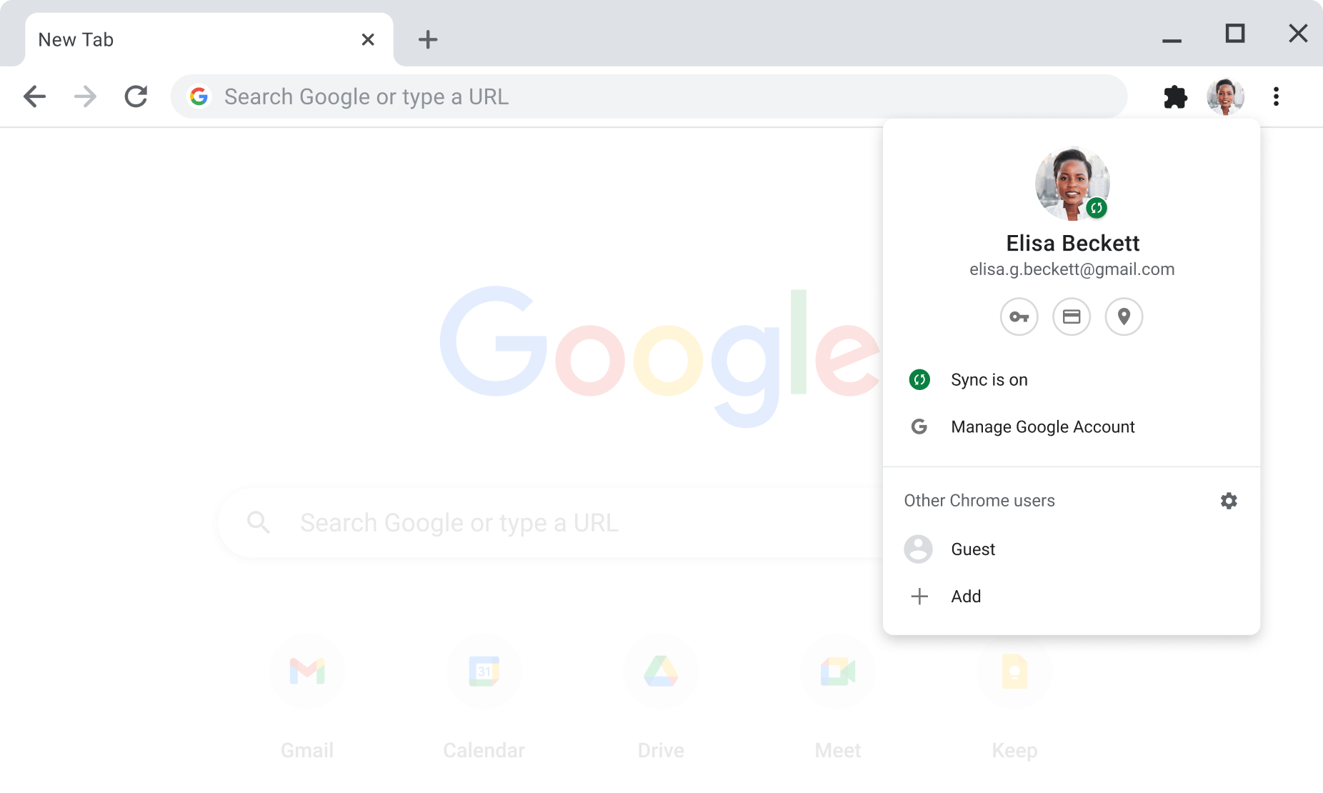 A képen lévő Chrome-böngészőablakban olyan Google-fiókok szinkronizálási és fiókbeállításai láthatók, amelyeknél engedélyezve van a szinkronizálás.